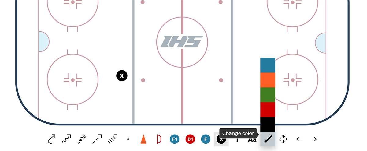 Change the color of objects or lines with the free hockey drill drawing tool.