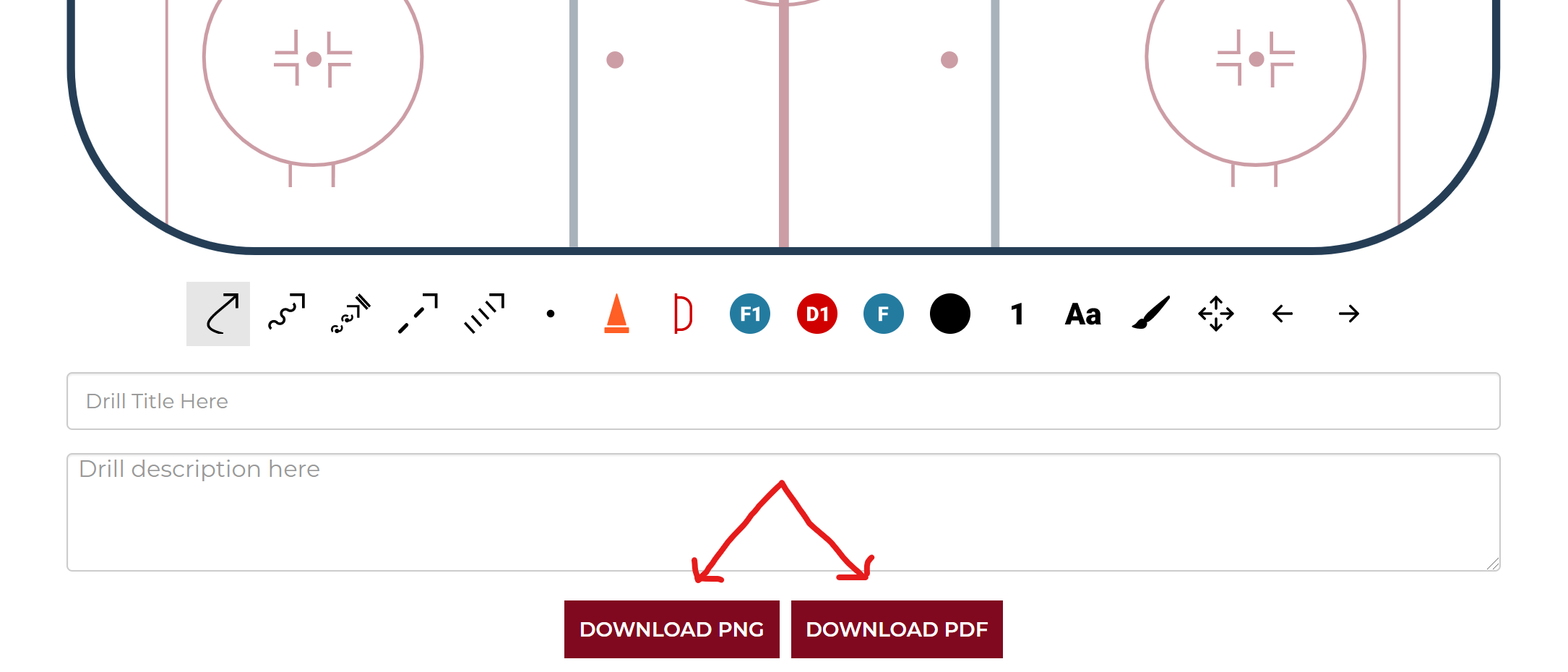 After creating your own hockey drills with the free drawing tool then use the buttons to download as a pdf or png file.