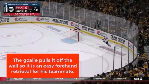 Bobrovsky pulls puck off wall for easy forehand retrieval
